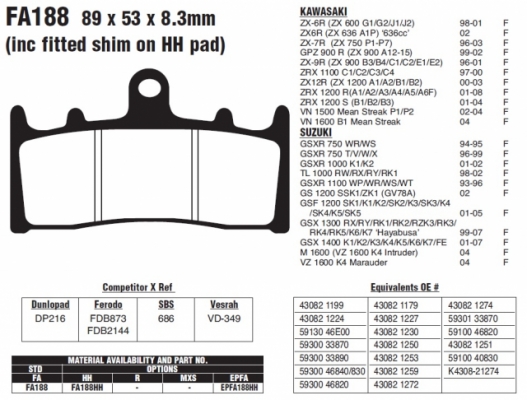EBC FA188HH - комплект дисковых тормозных колодок для мотоциклов EBC FA188HH - комплект дисковых тормозных колодок для мотоциклов