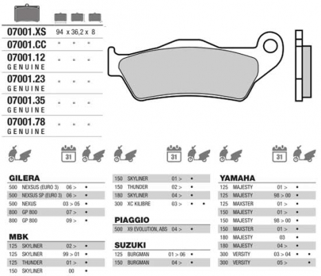 Колодки тормозные дисковые BREMBO 07001XS