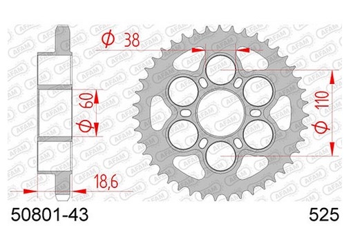Звезда задняя Afam 50801-43 для Ducati Diavel 1200/1260 2011-2023, 43 зуба
