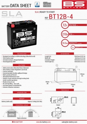 Аккумулятор BS BATTERY BT12B-4 (YT12B-4, YT12B-BS)