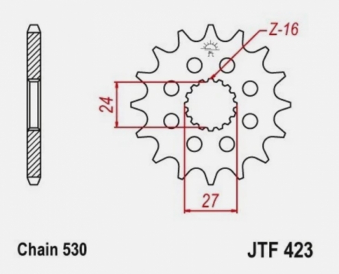 JT JTF423.16 - звезда передняя (ведущая) SUZUKI GSX-R 1000 2009-2016 (-1), HAYABUSA 2008-2023 (-2), 530 шаг, 16 зубцов JT JTF423.16 - звезда передняя (ведущая) SUZUKI GSX-R 1000 2009-2016 (-1), HAYABUSA 2008-2023 (-2), 530 шаг, 16 зубцов