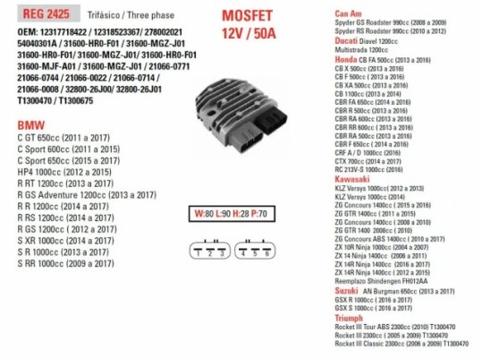 Регулятор напряжения DZE 02425 для BMW, DUCATI, TRIUMPH, KAWASAKI, YAMAHA, HONDA, MOSFET (50A)